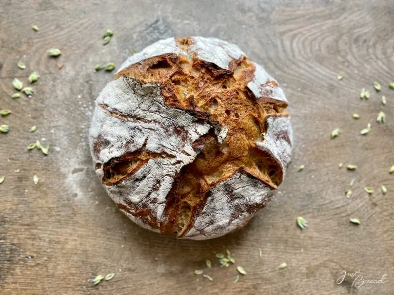 Knuspriges, saftiges, dunkles Dinkelbrot, nach einer Woche Lagerung im Kühlschrank mit dem Kühlschrankteig gebacken