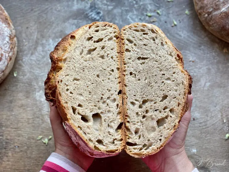 Knuspriges, saftiges, dunkles Dinkelbrot, nach einer Woche Lagerung im Kühlschrank mit dem Kühlschrankteig gebacken