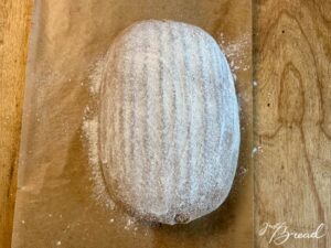 Teiglin vor dem Backen, auf ein Backpapier gestürzt. Der Teigling muss noch eingeschnitten werden.