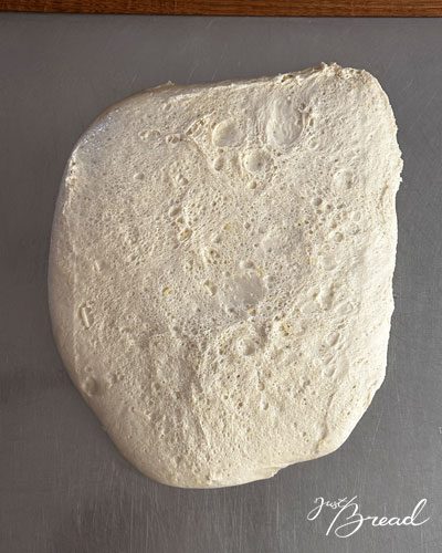 Gereifter Focaccia-Teig mit vielen Gasblasen auf einer geölten Arbeitsfläche