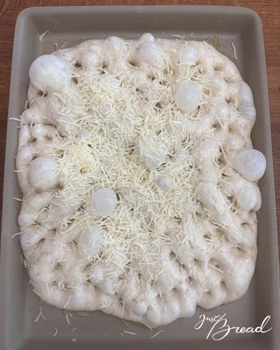 Focaccia-Teig mit eingedrückten Mulden, bestreut mit geriebenem Käse